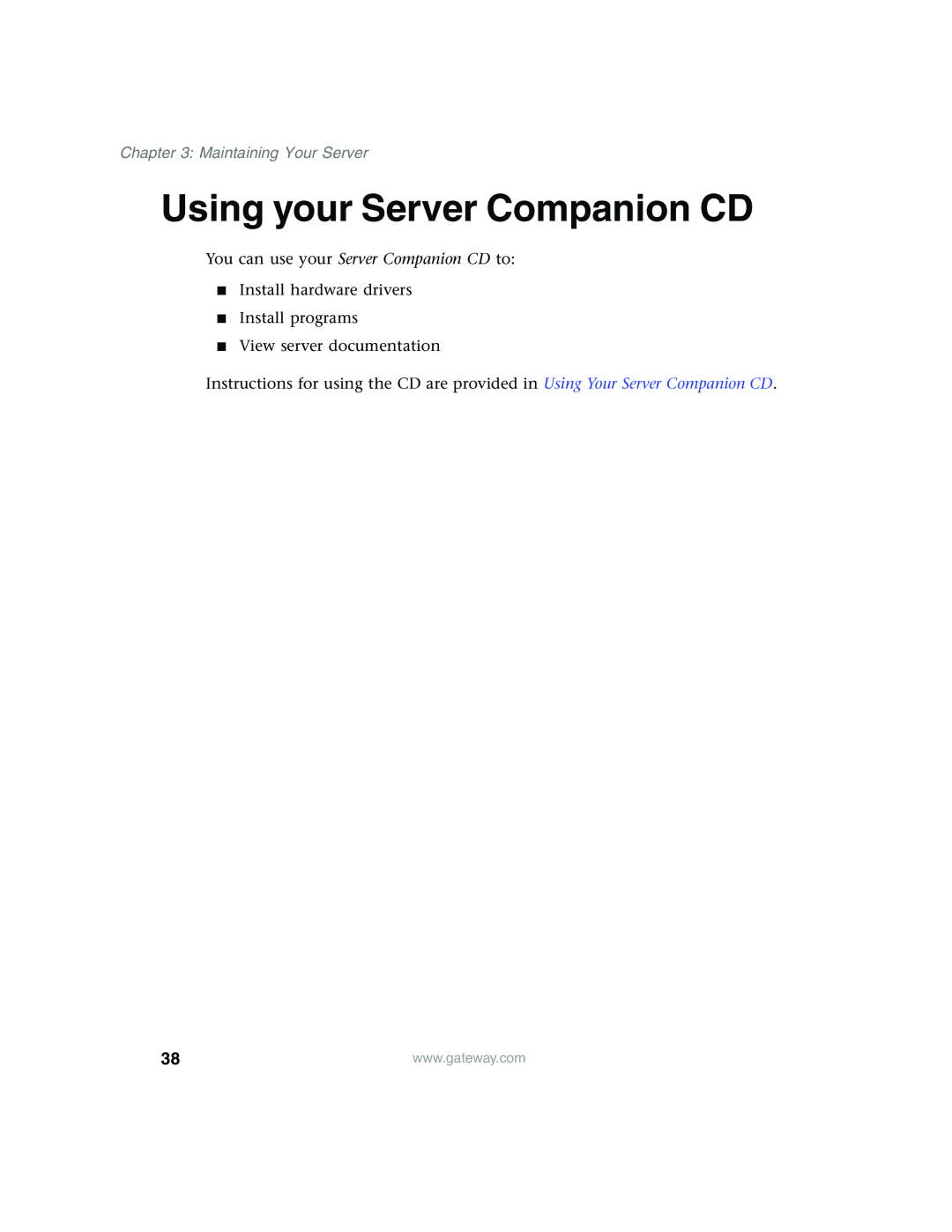Gateway 960 manual Using your Server Companion CD, Maintaining Your Server, Install programs View server documentation 