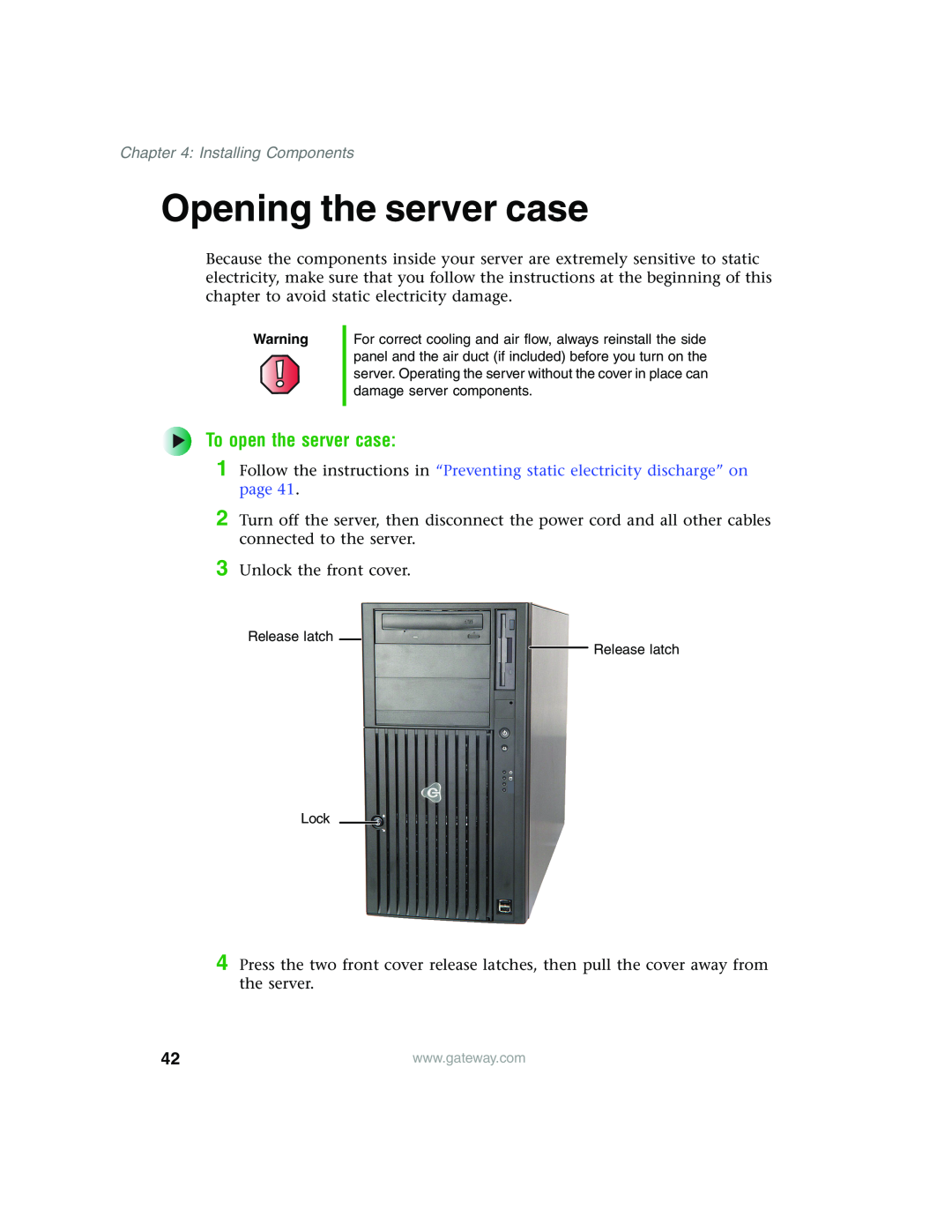Gateway 960 manual Opening the server case, To open the server case, Installing Components 