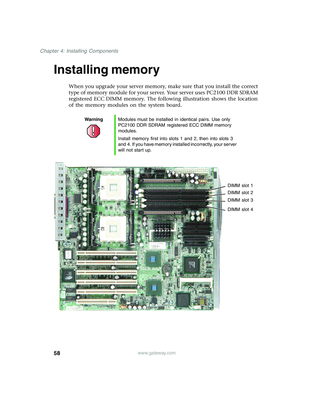 Gateway 960 manual Installing memory, Installing Components 