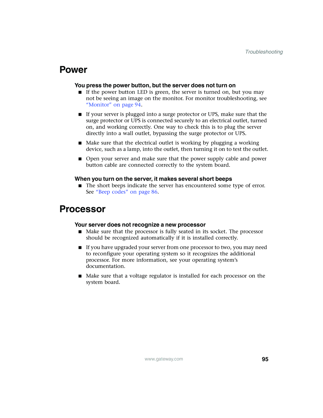 Gateway 980 manual Power, Processor, You press the power button, but the server does not turn on 