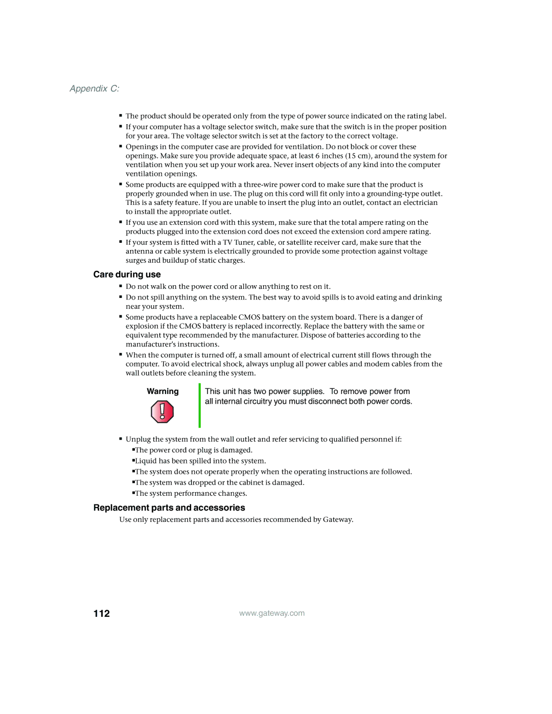 Gateway 980 manual Care during use, Replacement parts and accessories 