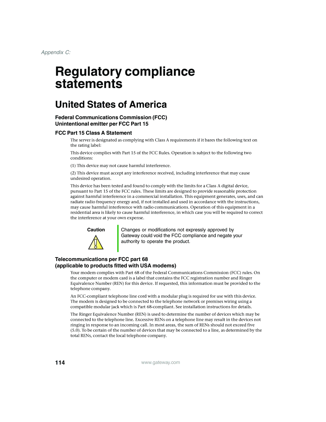 Gateway 980 manual Regulatory compliance statements, United States of America 