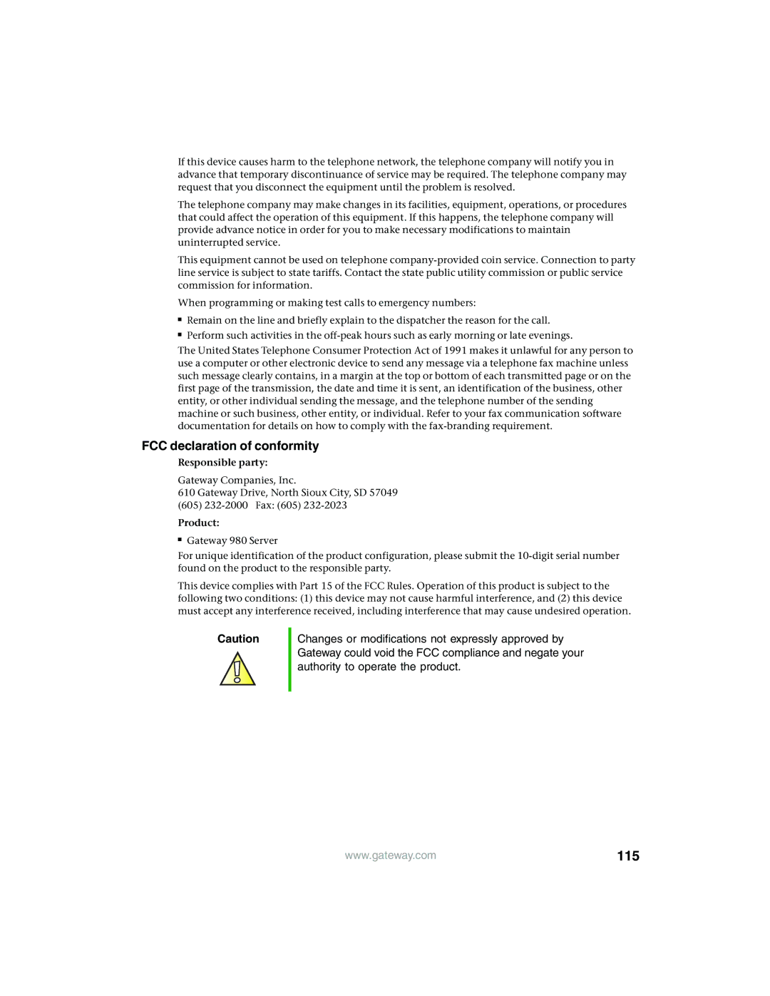 Gateway 980 manual FCC declaration of conformity, Product 