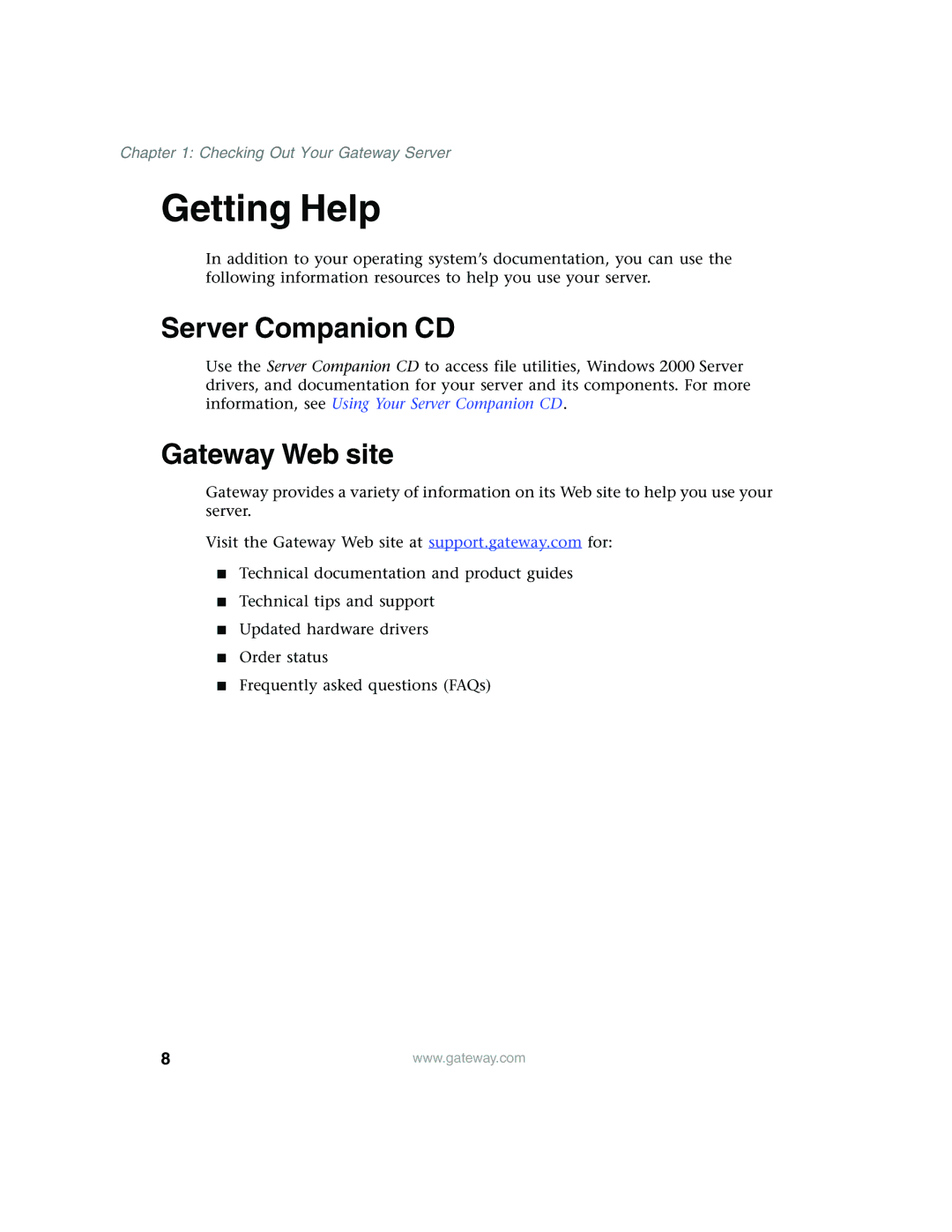 Gateway 980 manual Getting Help, Server Companion CD, Gateway Web site 