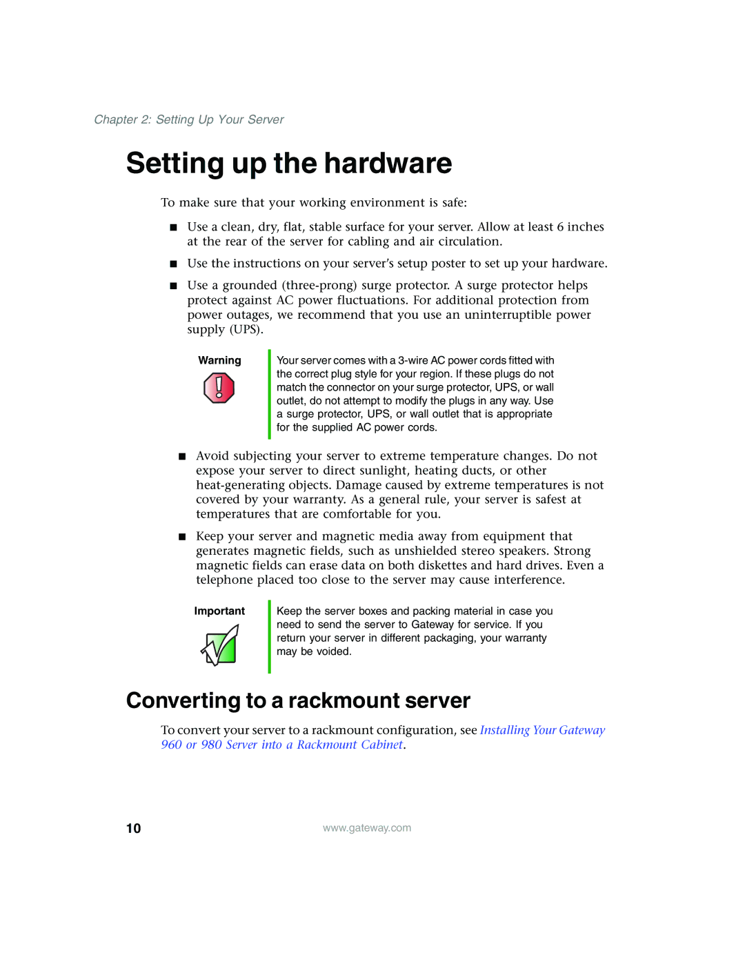 Gateway 980 manual Setting up the hardware, Converting to a rackmount server 