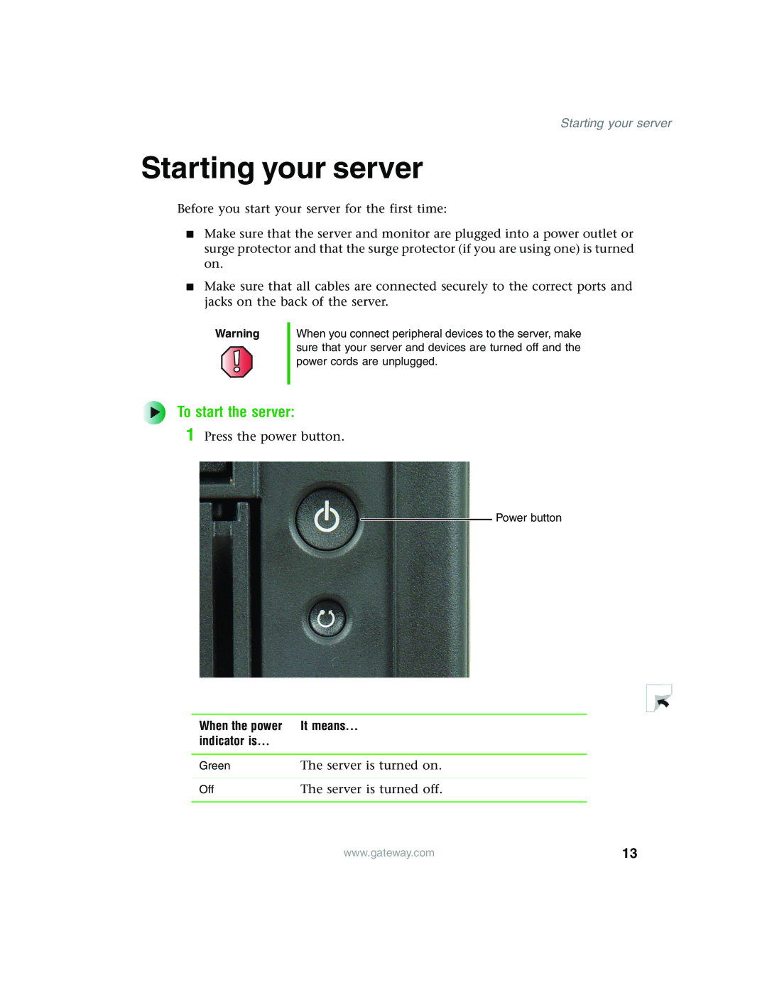 Gateway 980 manual Starting your server, To start the server, When the power It means Indicator is 