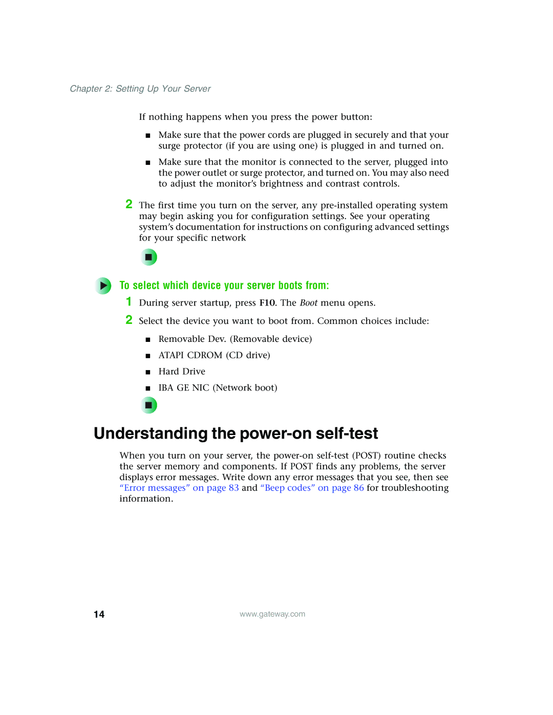 Gateway 980 manual Understanding the power-on self-test, To select which device your server boots from 