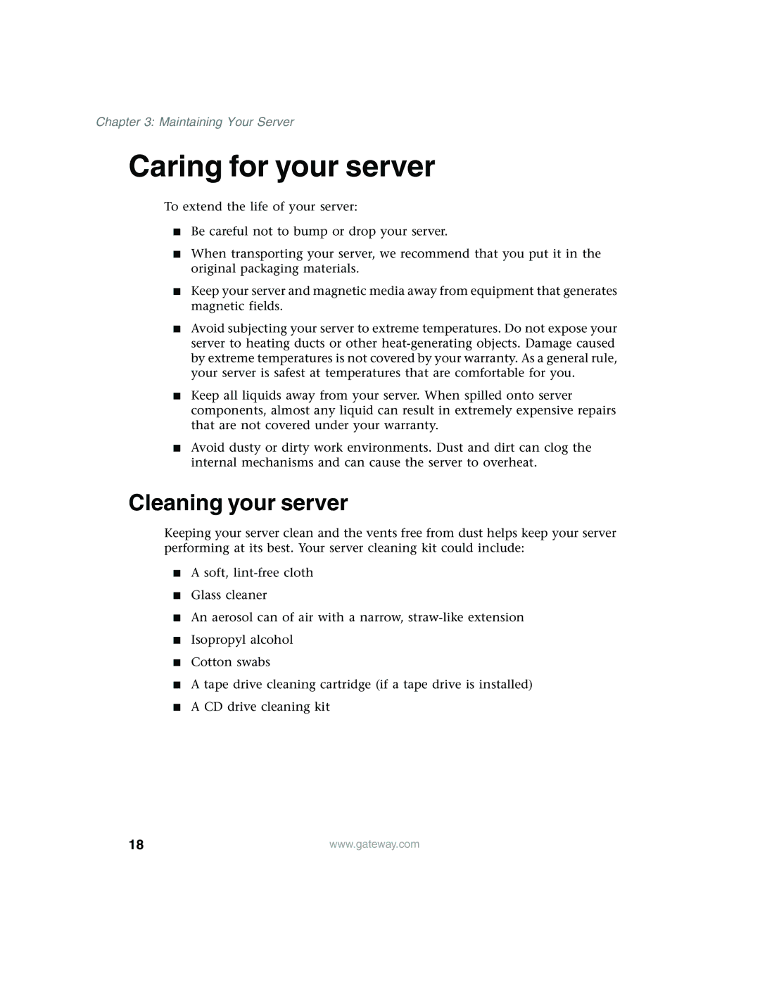 Gateway 980 manual Caring for your server, Cleaning your server 