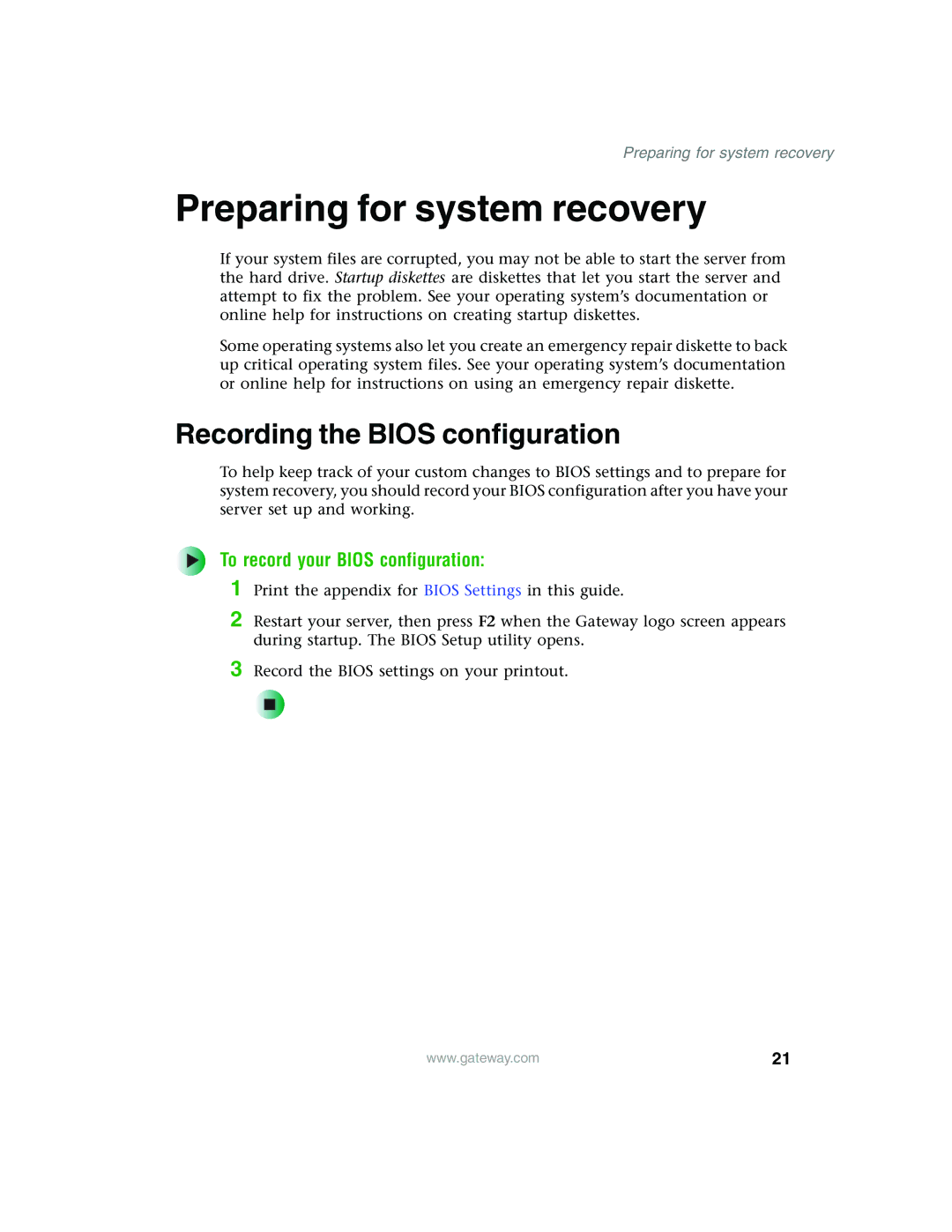 Gateway 980 manual Preparing for system recovery, Recording the Bios configuration, To record your Bios configuration 