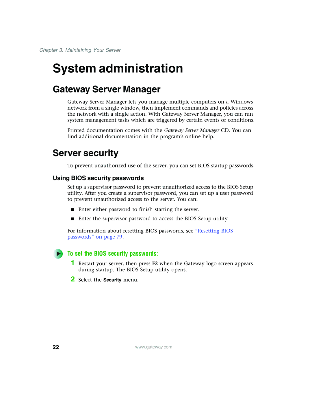 Gateway 980 manual System administration, Gateway Server Manager, Server security, To set the Bios security passwords 