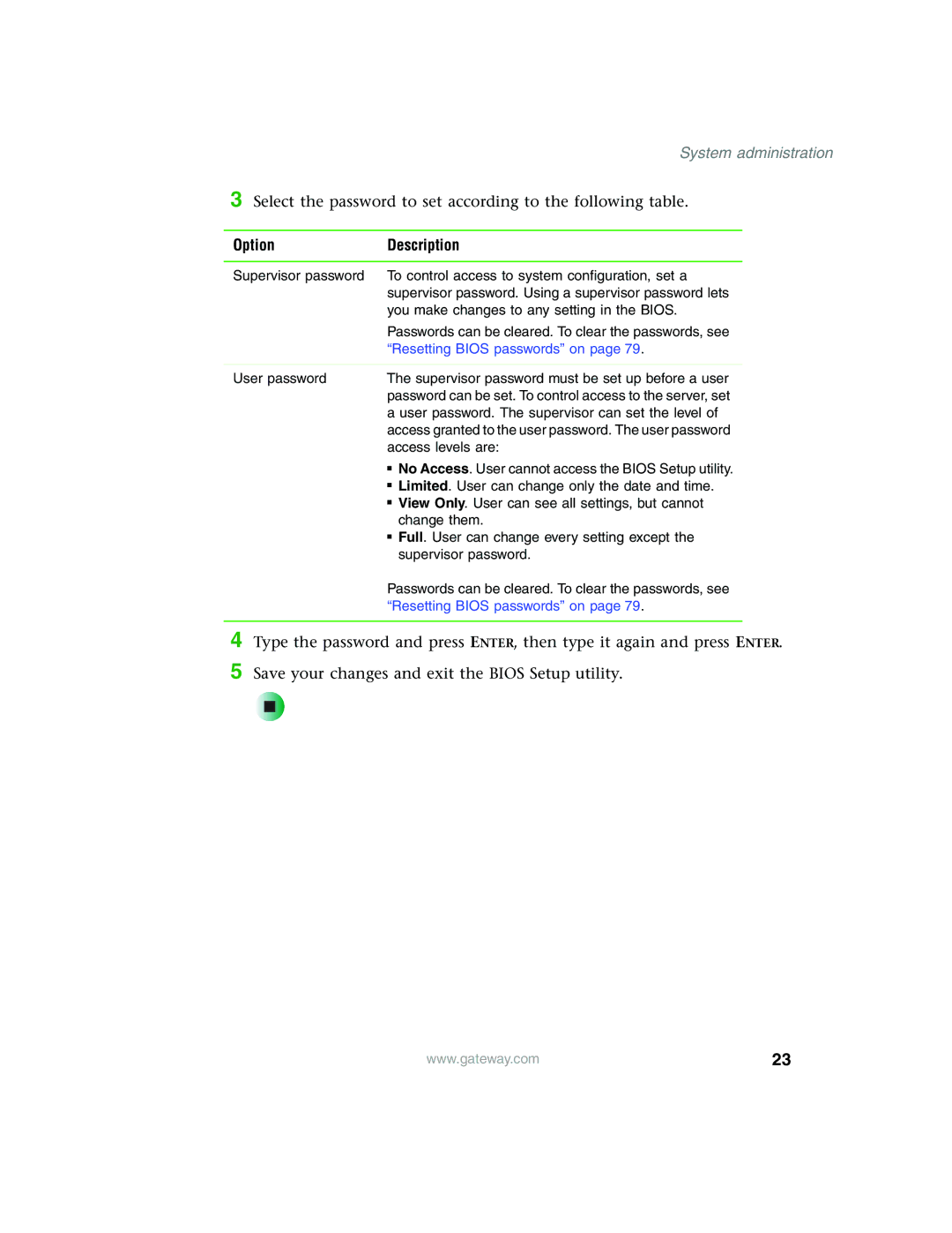 Gateway 980 manual Option Description, Resetting Bios passwords on 