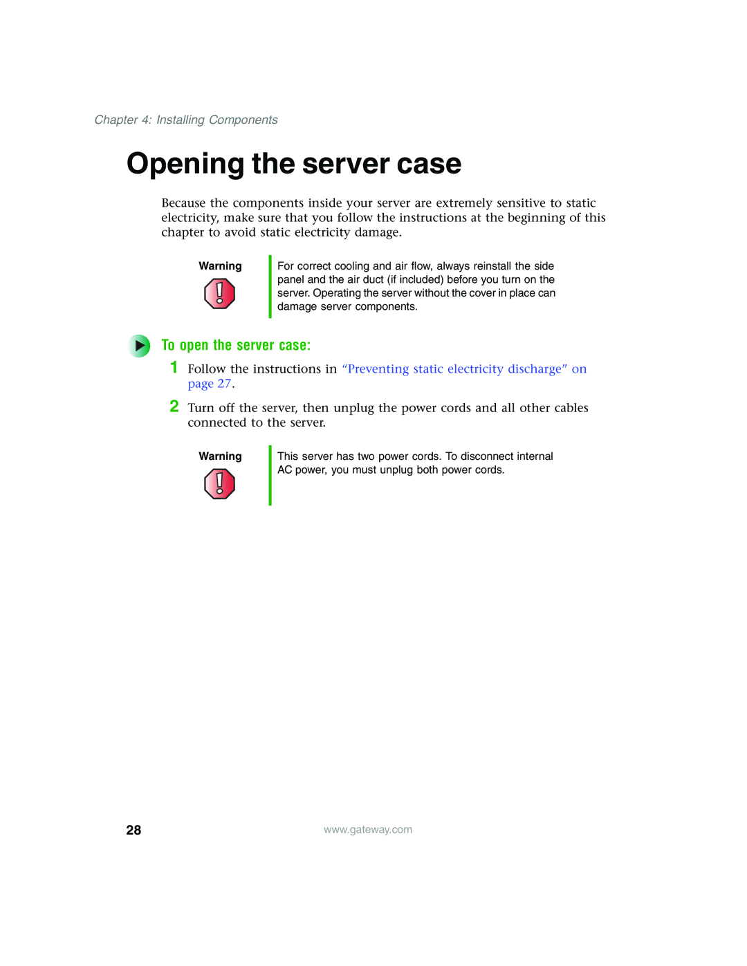 Gateway 980 manual Opening the server case, To open the server case 