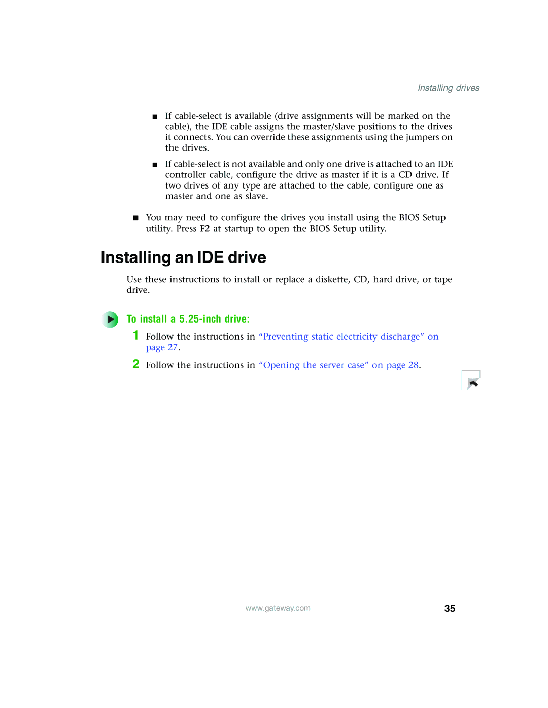 Gateway 980 manual Installing an IDE drive, To install a 5.25-inch drive 