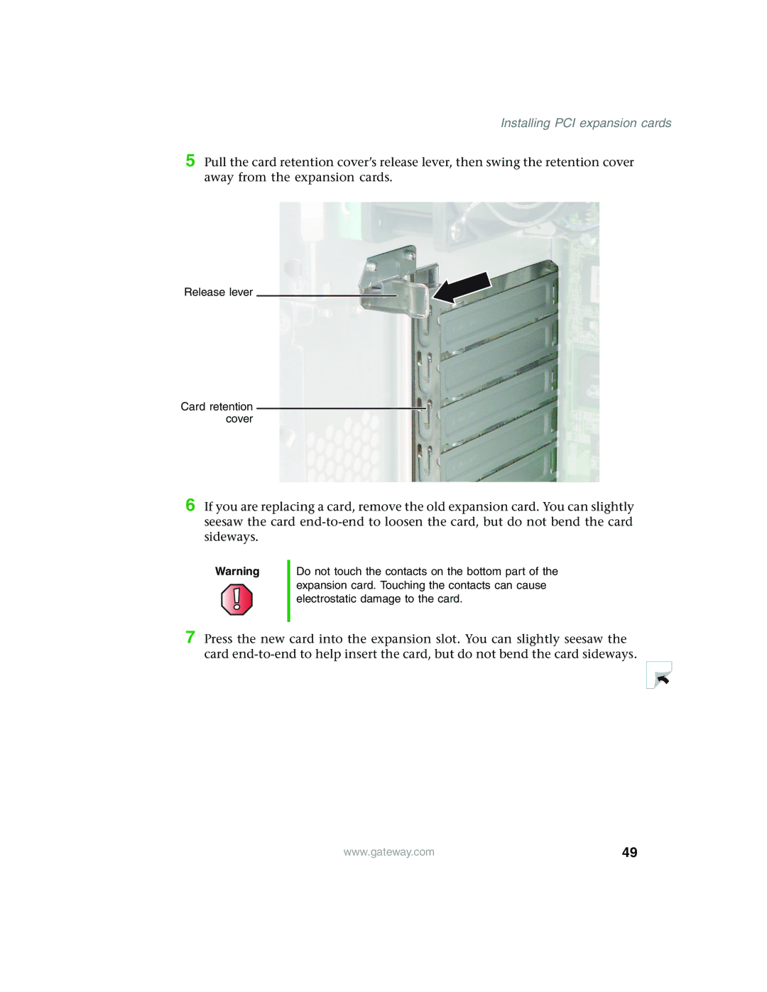 Gateway 980 manual Release lever Card retention cover 