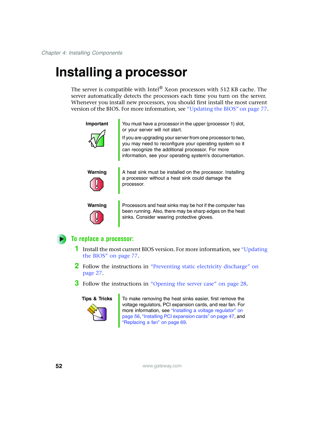 Gateway 980 manual Installing a processor, To replace a processor 