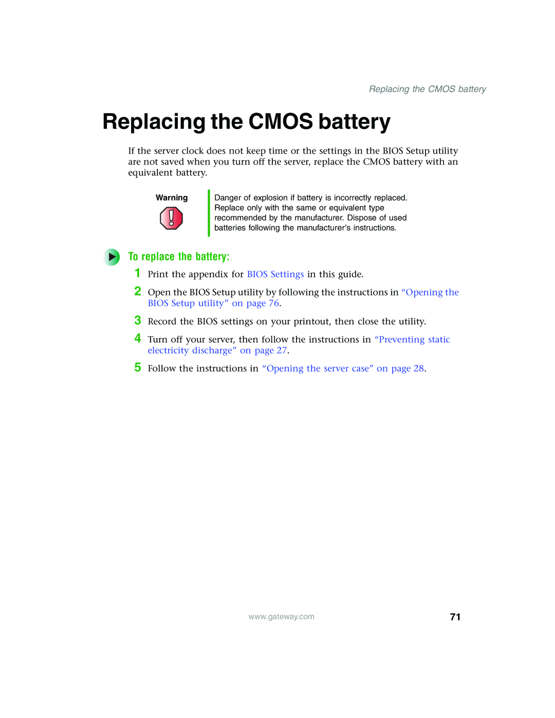 Gateway 980 manual Replacing the Cmos battery, To replace the battery 