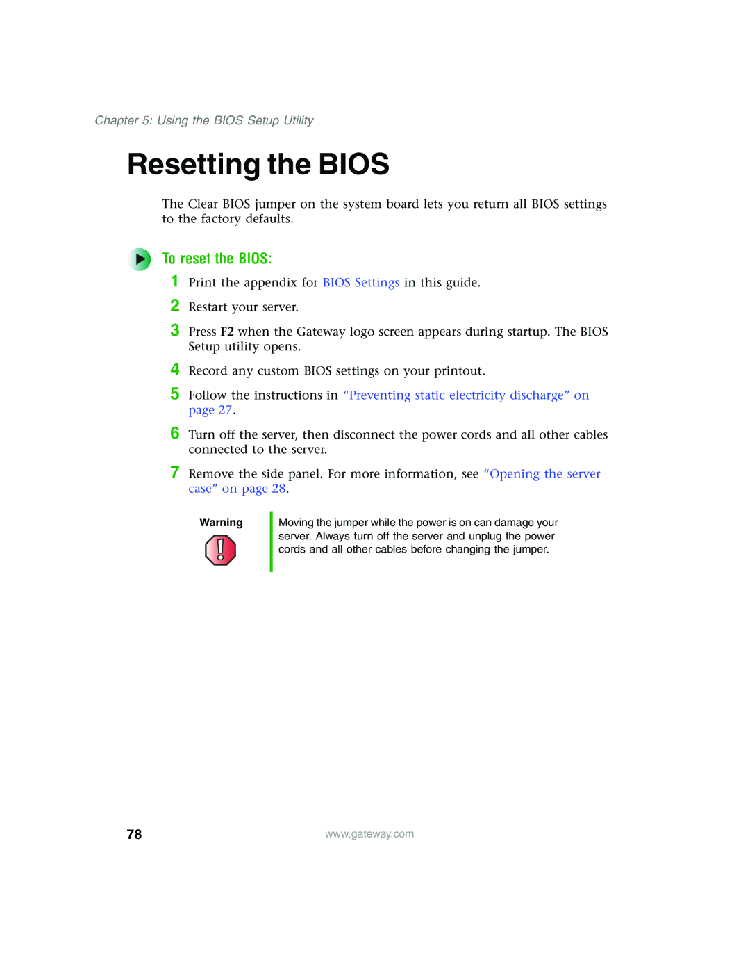 Gateway 980 manual Resetting the Bios, To reset the Bios 