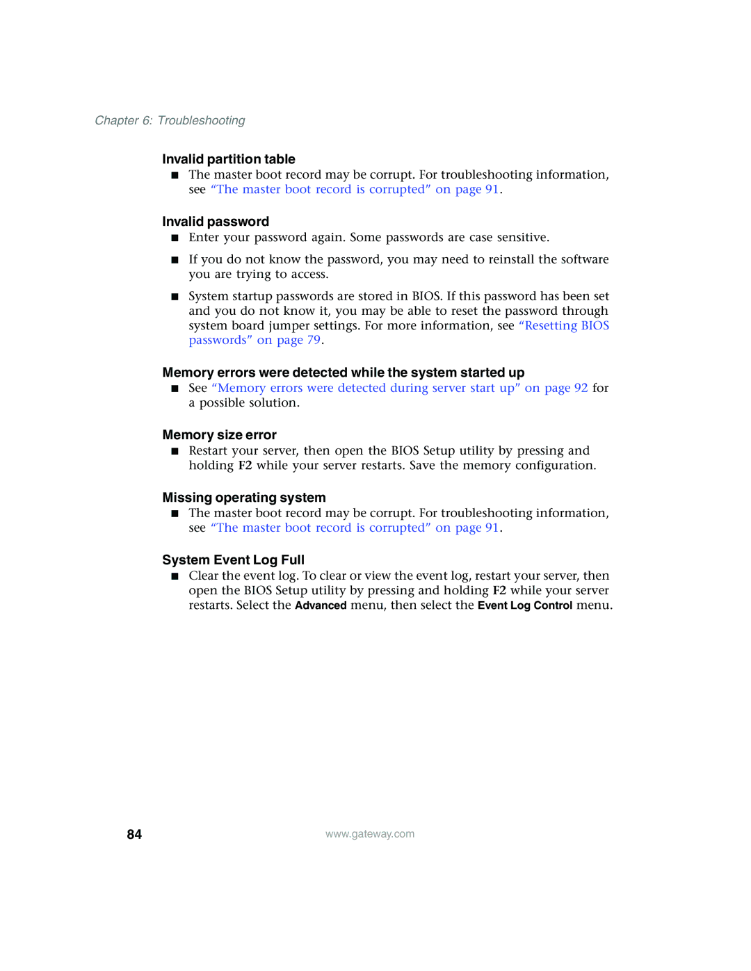 Gateway 980 manual Invalid partition table, Invalid password, Memory errors were detected while the system started up 