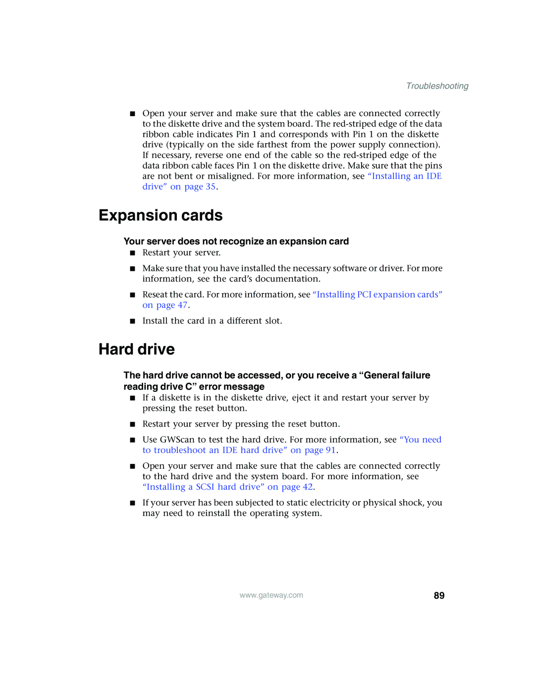 Gateway 980 manual Expansion cards, Hard drive, Your server does not recognize an expansion card 