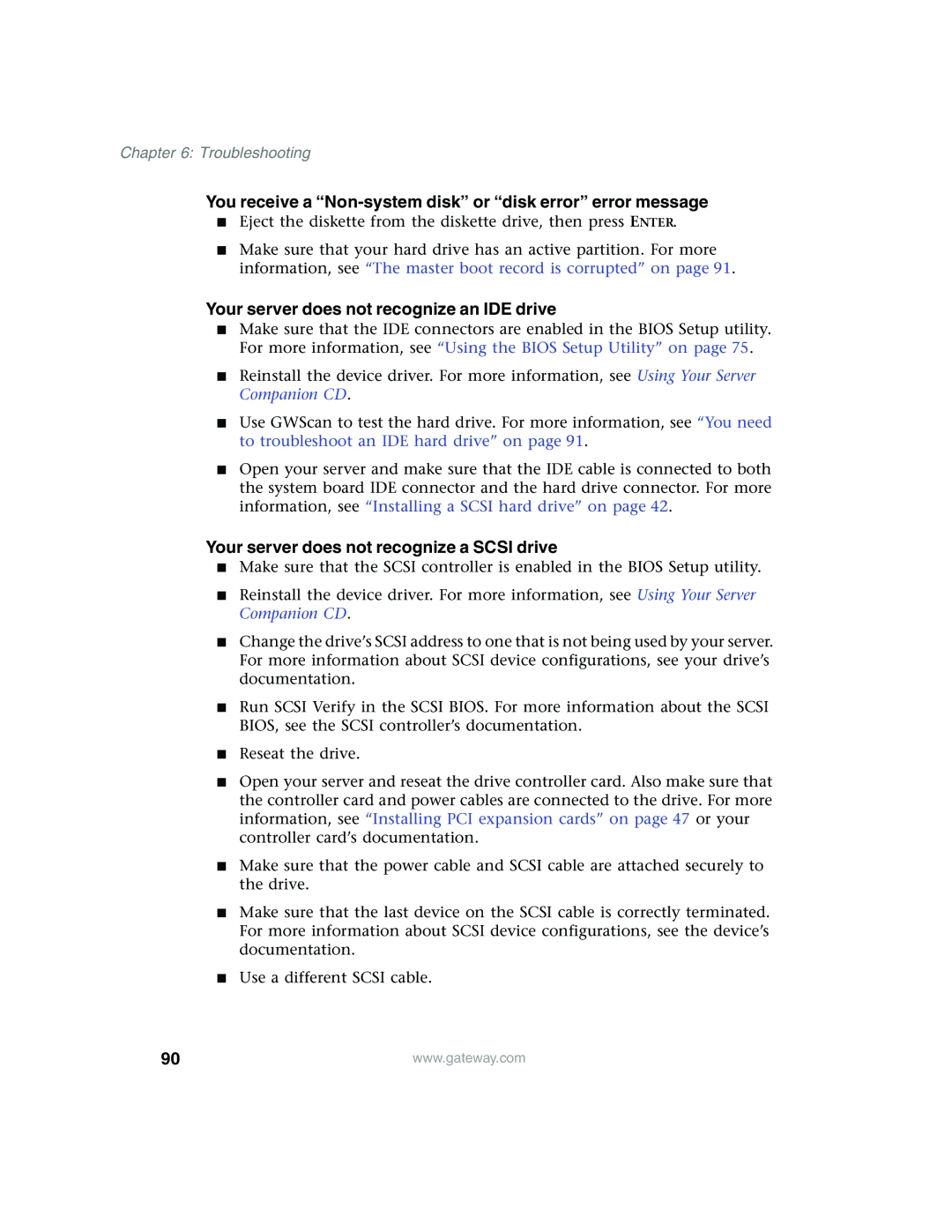 Gateway 980 manual You receive a Non-system disk or disk error error message, Your server does not recognize an IDE drive 