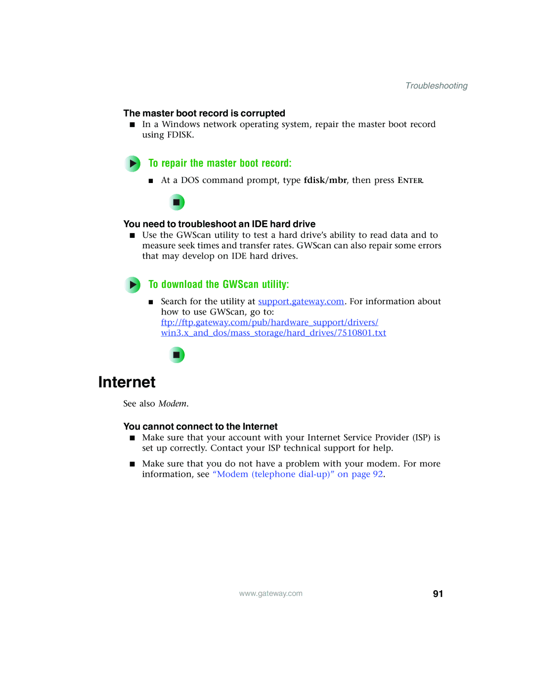 Gateway 980 manual Internet, To repair the master boot record, To download the GWScan utility 