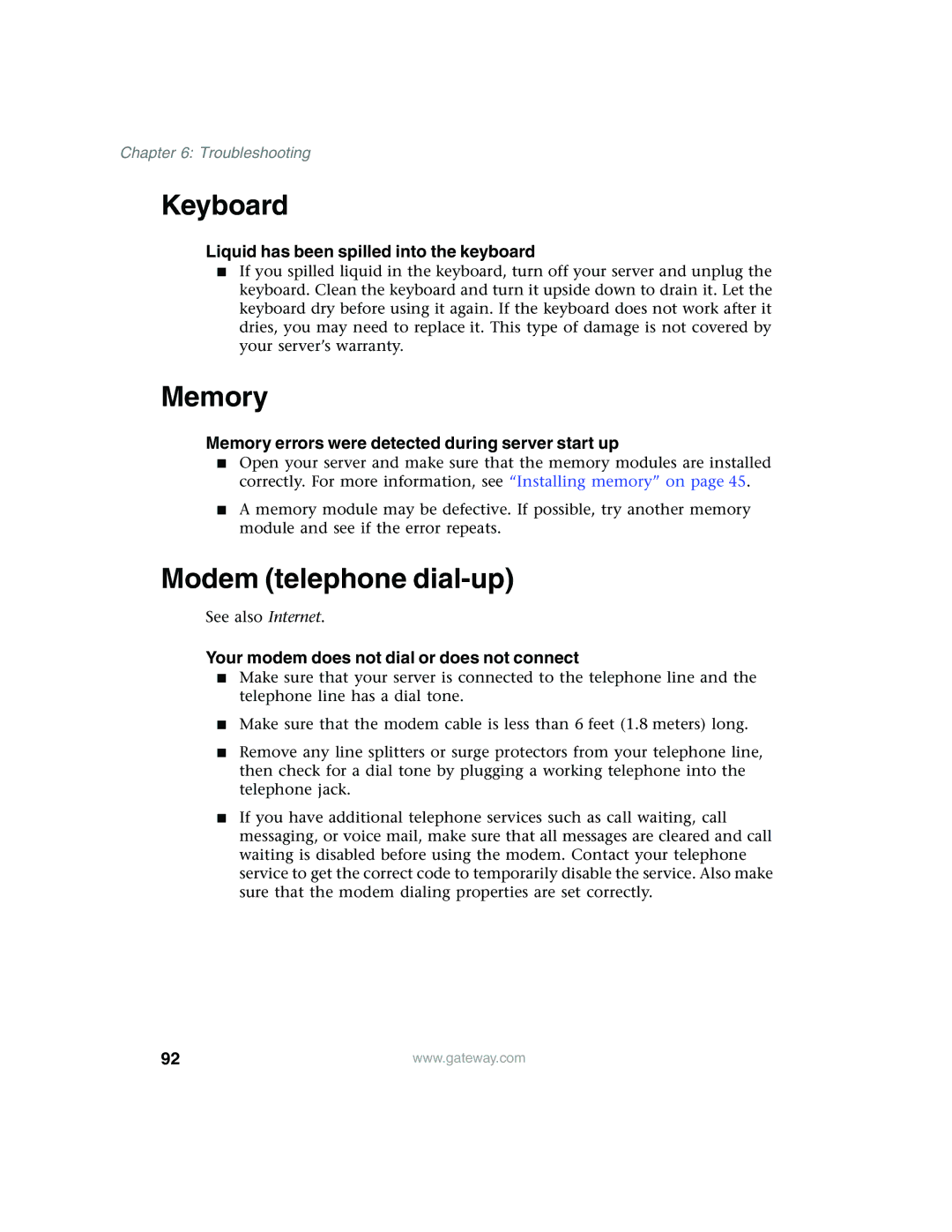 Gateway 980 manual Keyboard, Memory, Modem telephone dial-up 