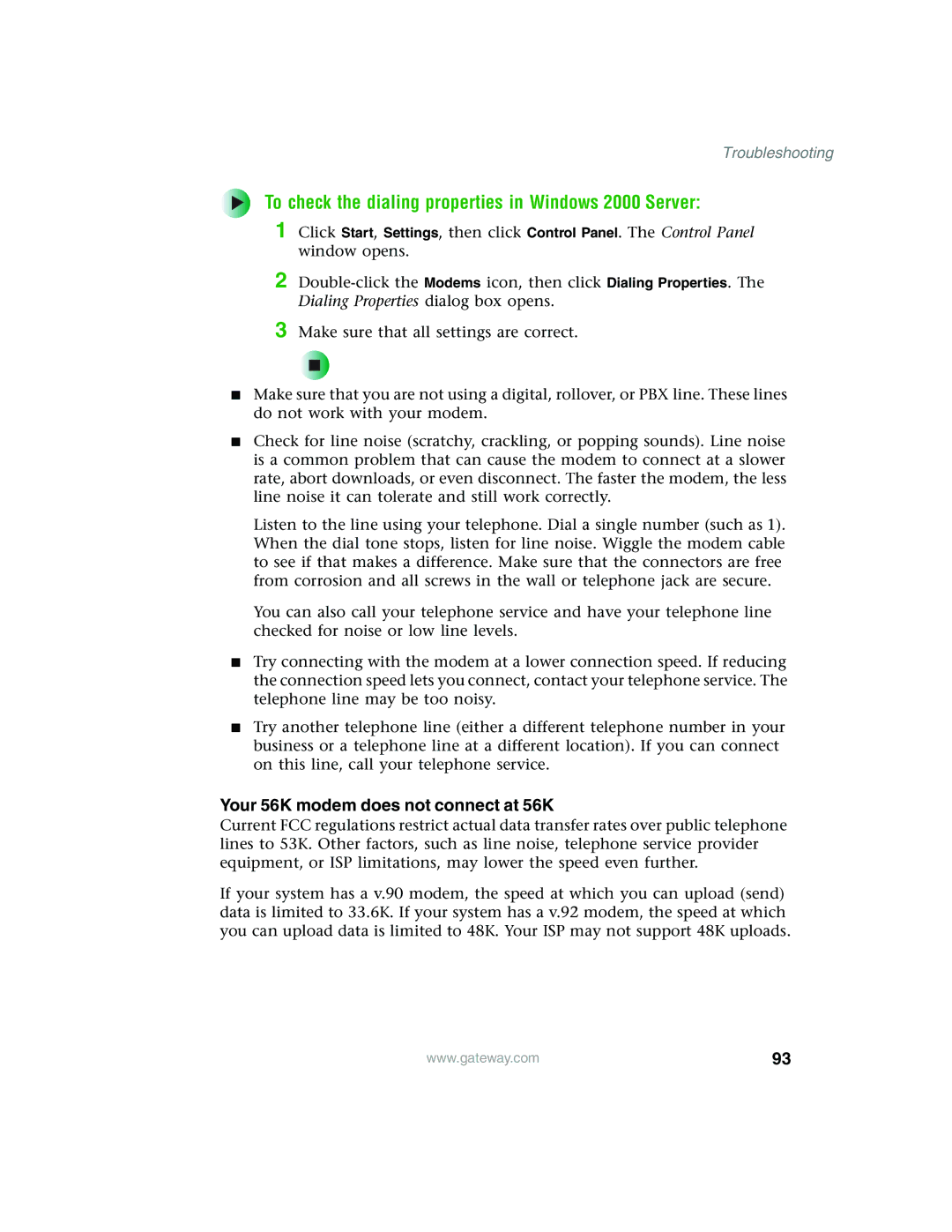 Gateway 980 manual To check the dialing properties in Windows 2000 Server, Your 56K modem does not connect at 56K 