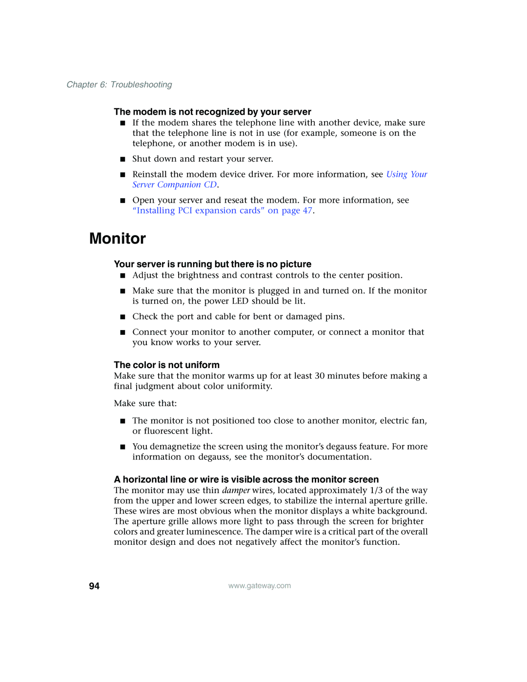 Gateway 980 manual Monitor, Modem is not recognized by your server, Your server is running but there is no picture 