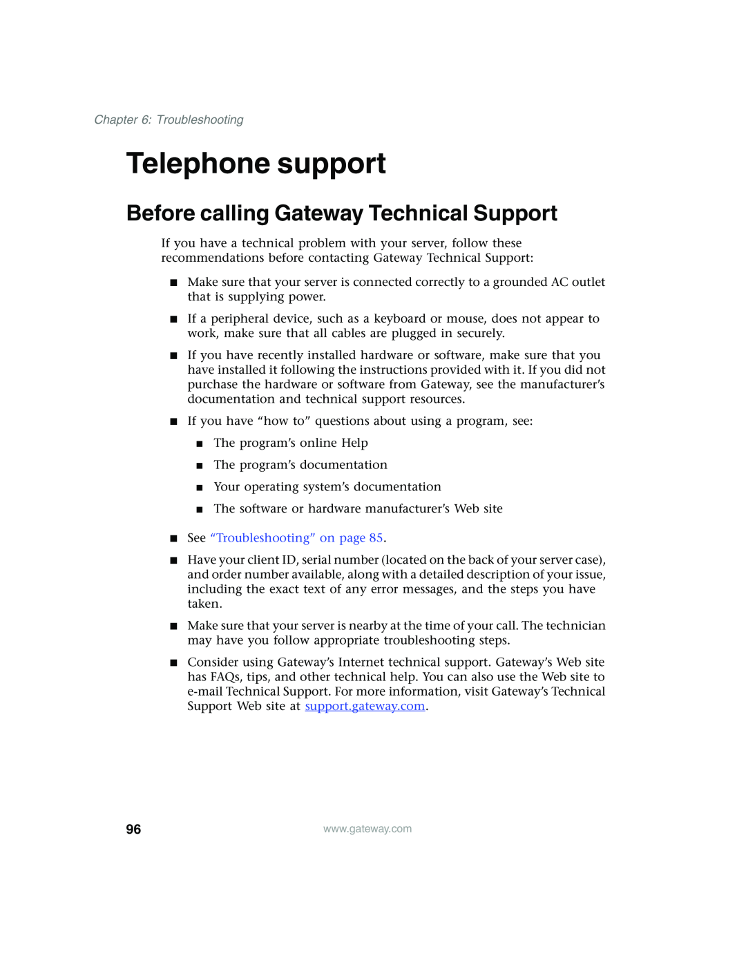 Gateway 980 manual Telephone support, Before calling Gateway Technical Support, See “Troubleshooting” on page 