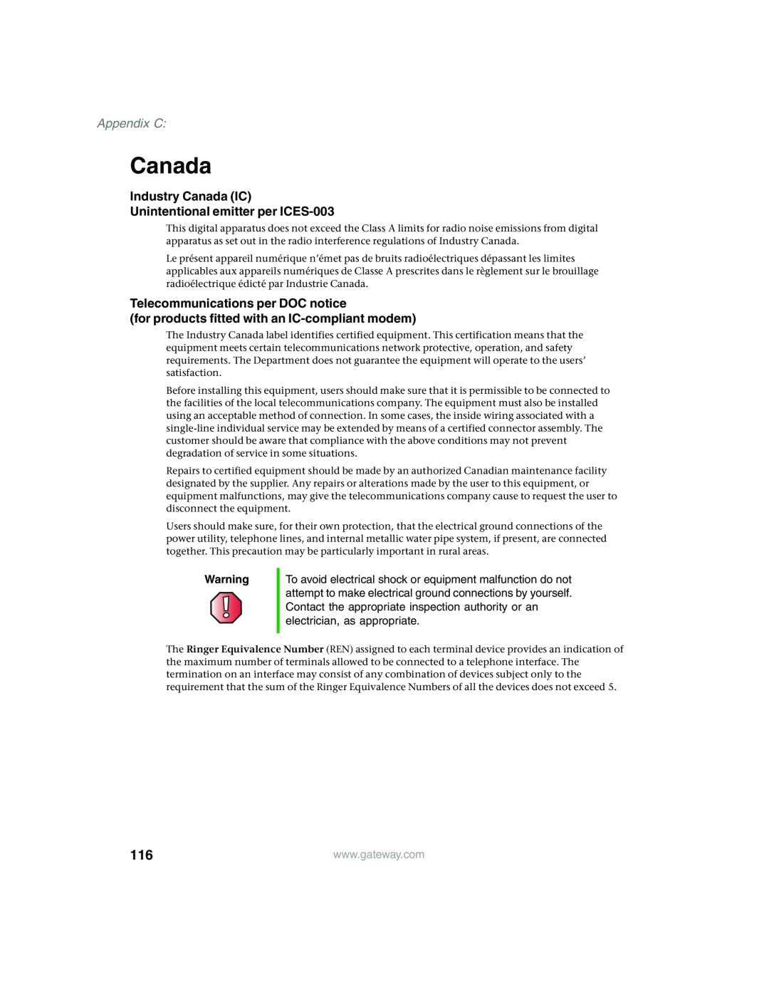 Gateway 980 manual Industry Canada IC Unintentional emitter per ICES-003, Telecommunications per DOC notice, Appendix C 