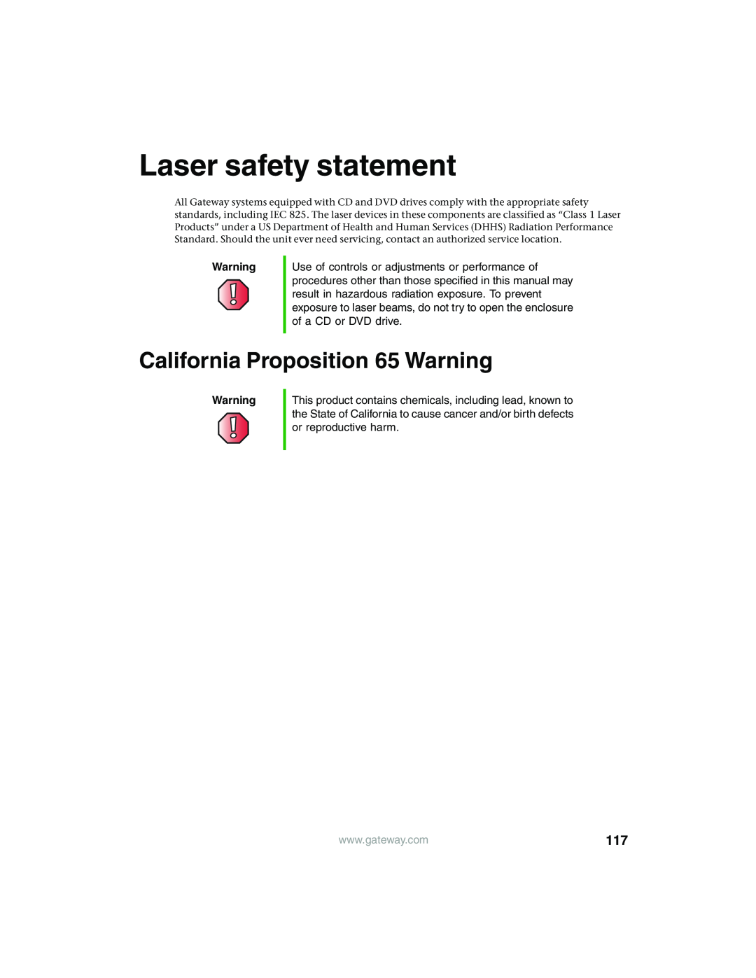 Gateway 980 manual Laser safety statement, California Proposition 65 Warning 
