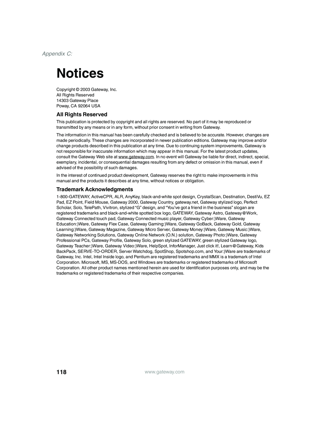 Gateway 980 manual Notices, All Rights Reserved, Trademark Acknowledgments, Appendix C, Poway, CA 92064 USA 