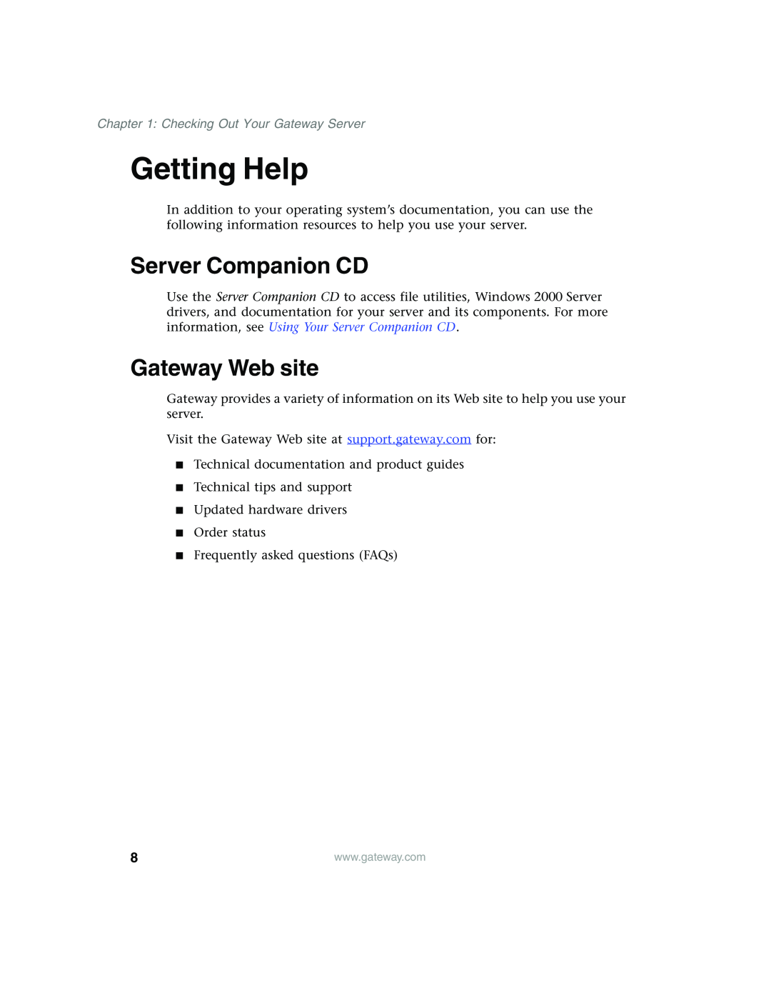 Gateway 980 manual Getting Help, Server Companion CD, Gateway Web site, Checking Out Your Gateway Server 