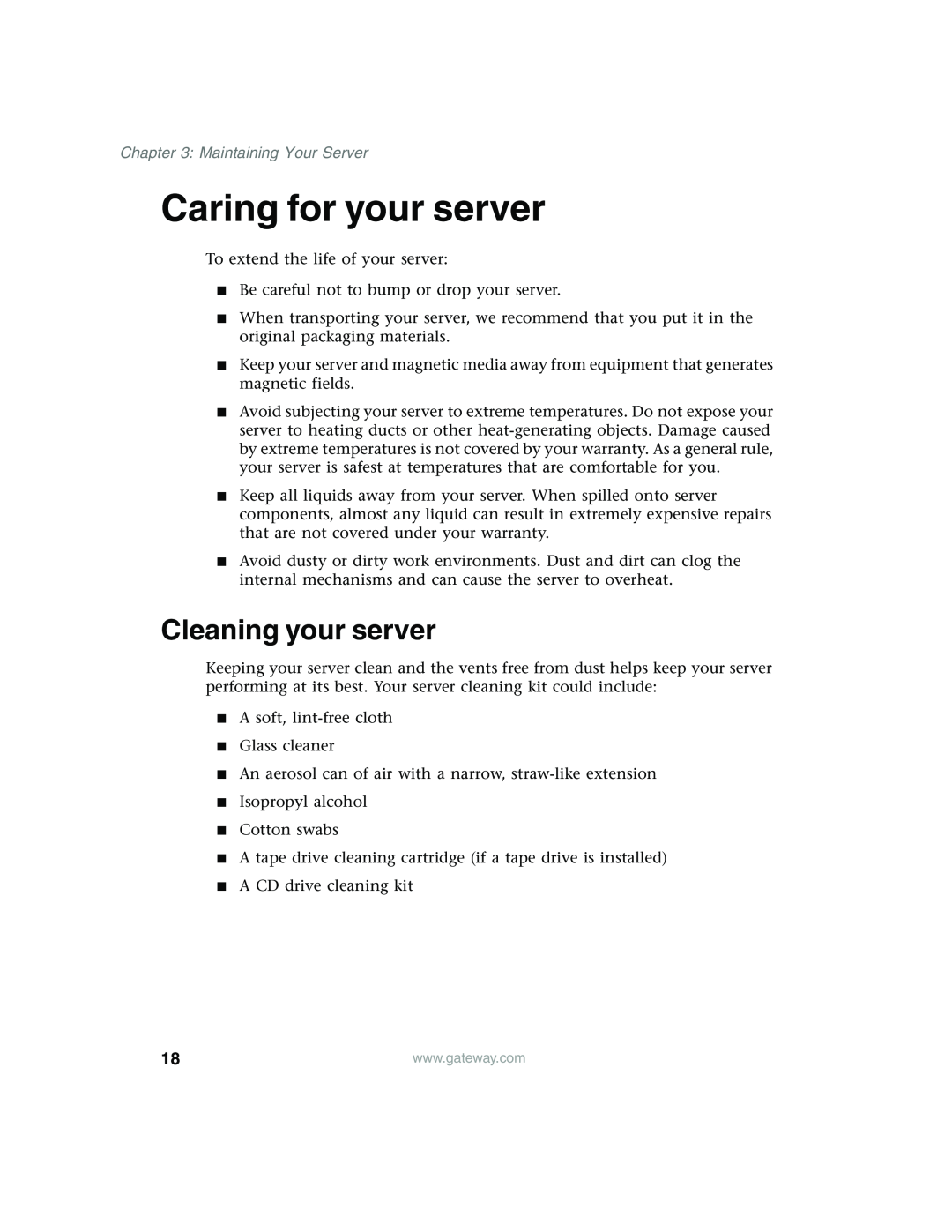Gateway 980 manual Caring for your server, Cleaning your server, Maintaining Your Server 