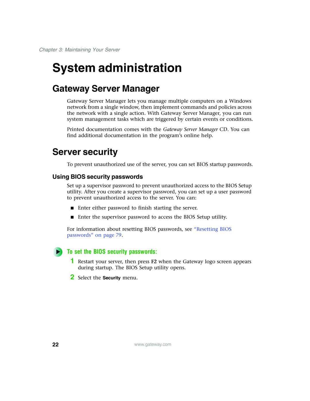 Gateway 980 manual System administration, Gateway Server Manager, Server security, Using BIOS security passwords 
