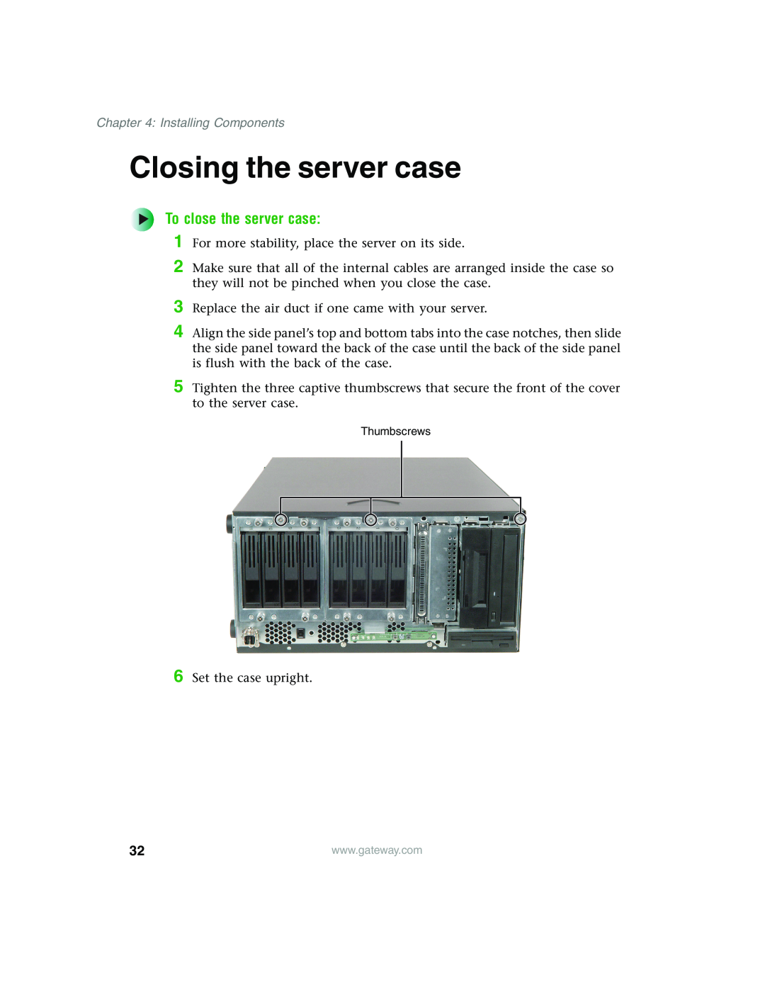 Gateway 980 manual Closing the server case, To close the server case, Installing Components 