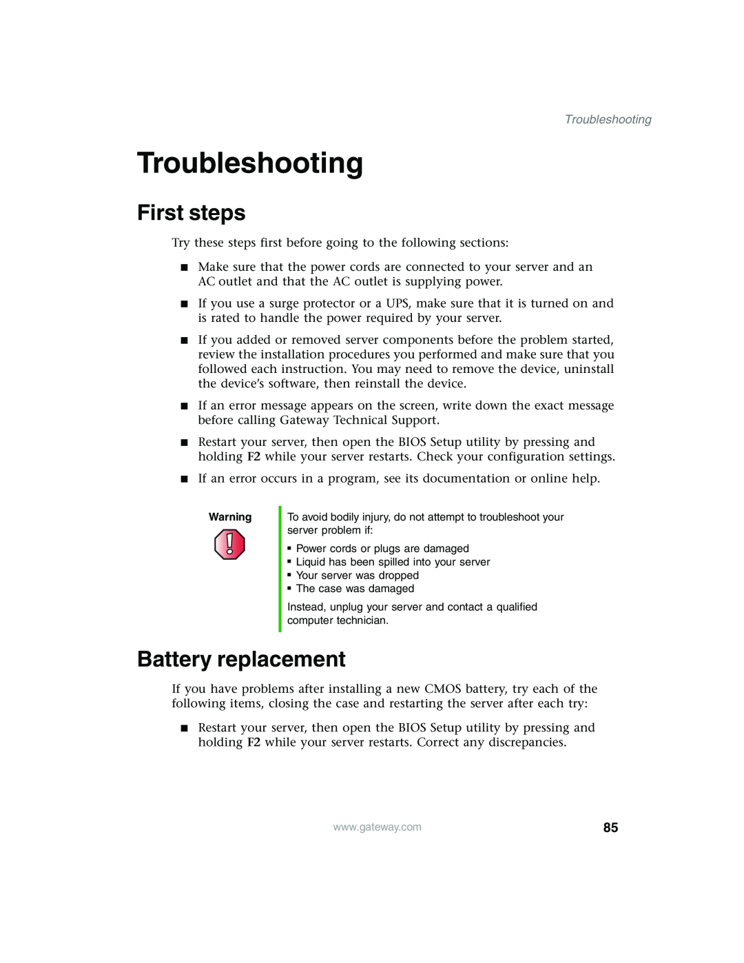 Gateway 980 manual Troubleshooting, First steps, Battery replacement 