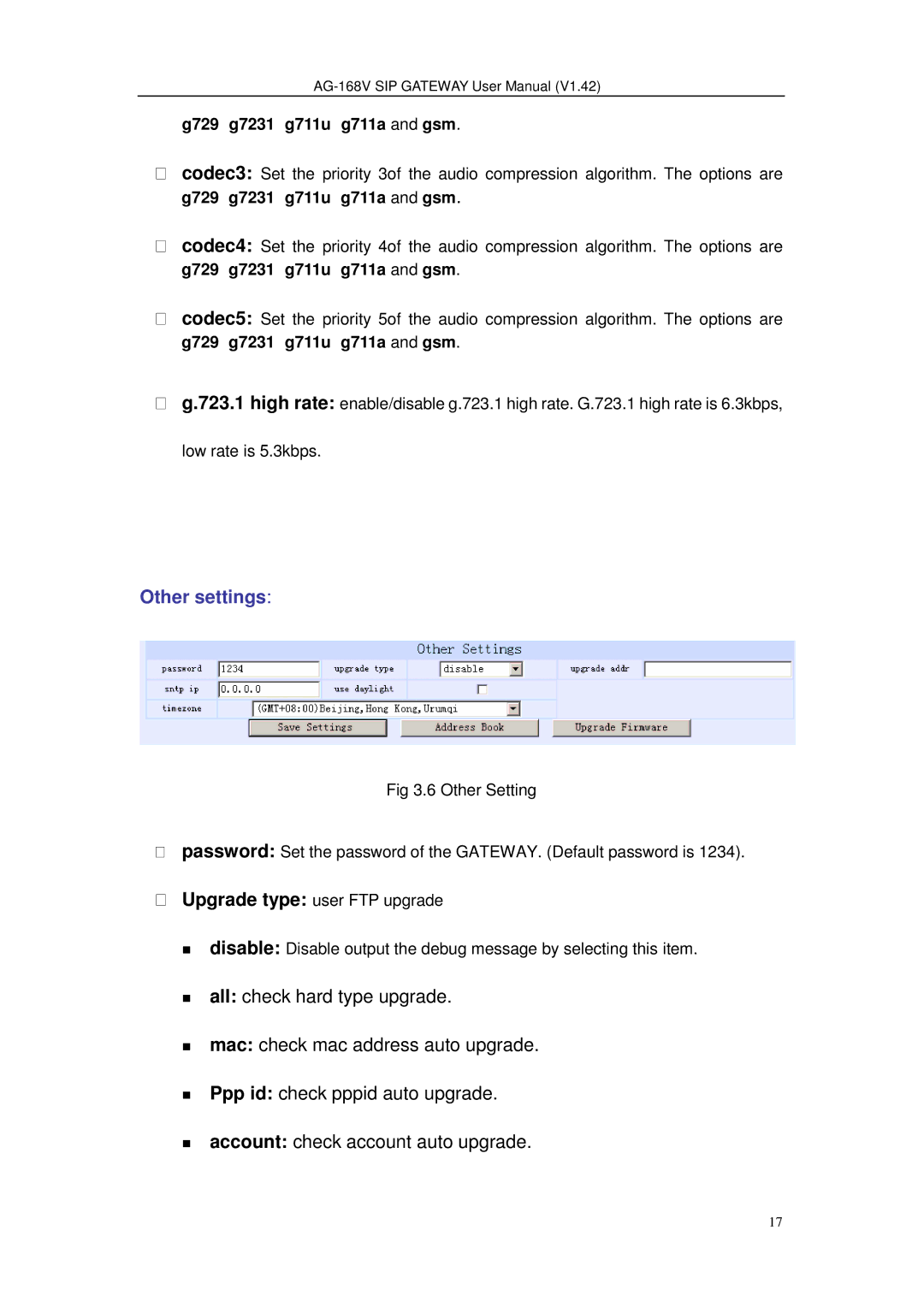 Gateway AG-168V user manual Other settings, G729g7231g711ug711a and gsm 