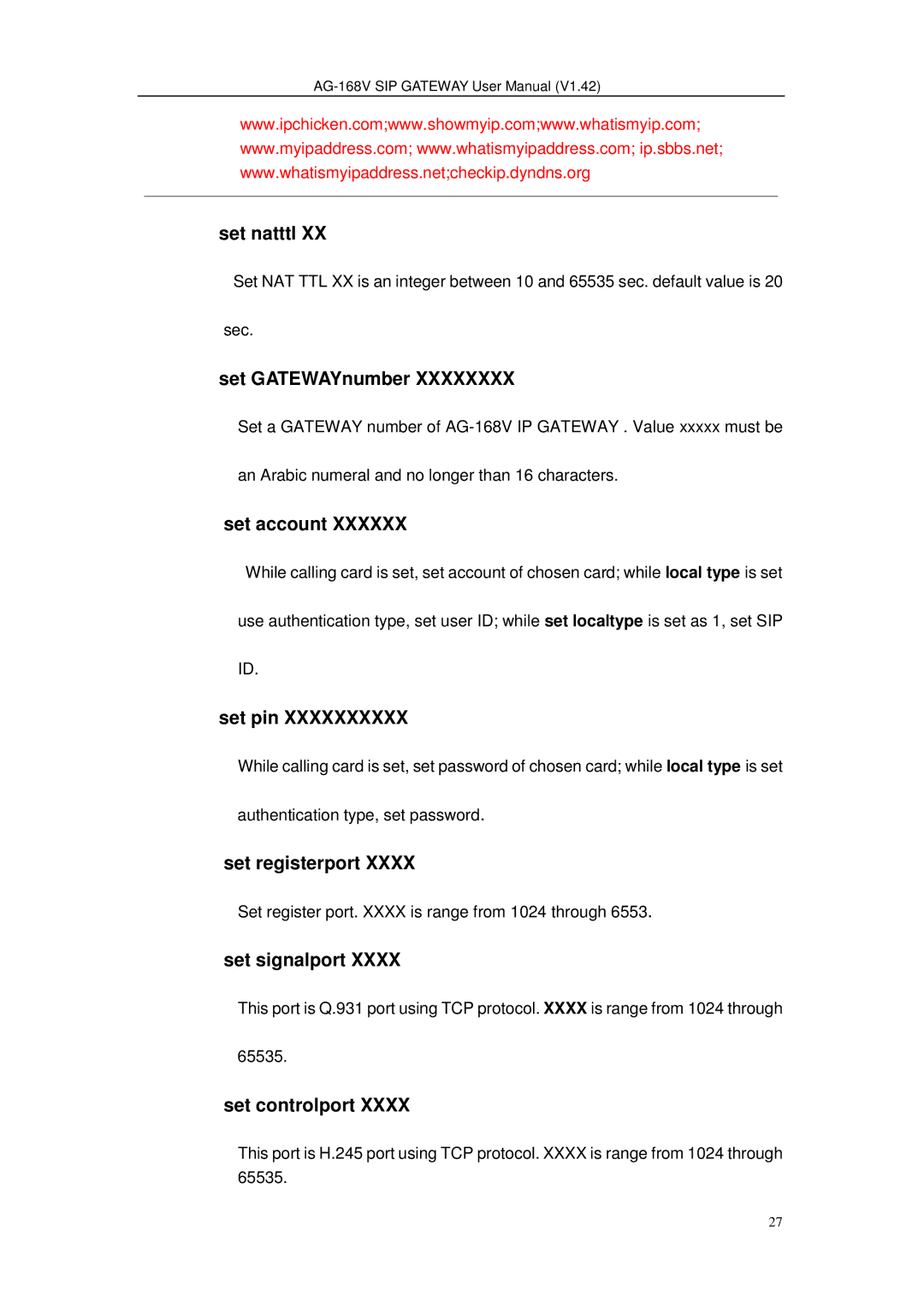 Gateway AG-168V Set natttl, Set GATEWAYnumber, Set account, Set pin, Set registerport, Set signalport, Set controlport 