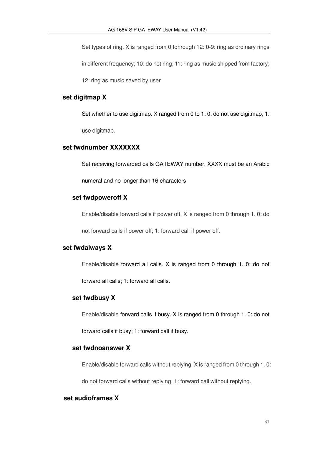 Gateway AG-168V Set digitmap, Set fwdnumber, Set fwdpoweroff, Set fwdalways, Set fwdbusy, Set fwdnoanswer, Set audioframes 