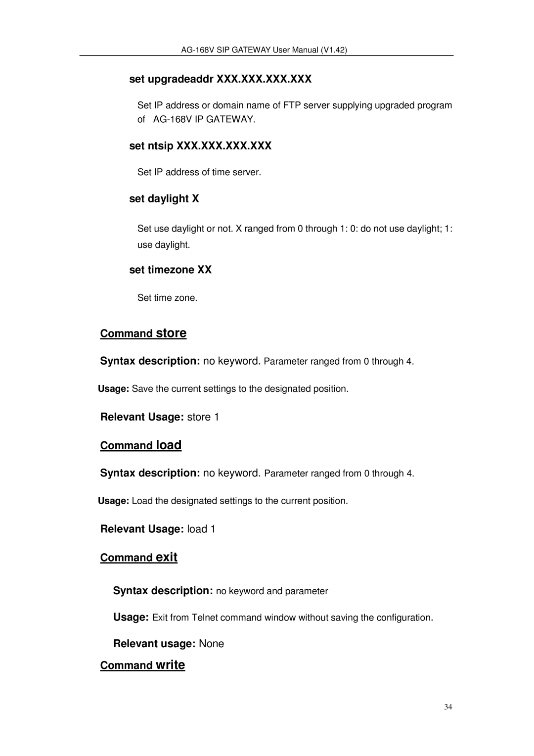 Gateway AG-168V Set upgradeaddr, Set ntsip, Set daylight, Set timezone, Command store, Relevant Usage store Command load 