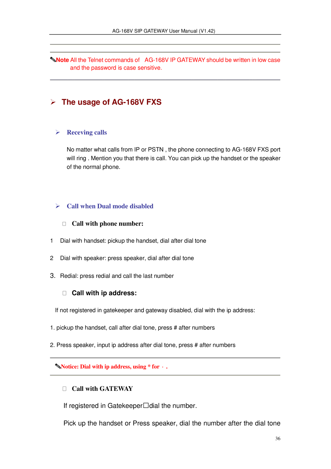 Gateway user manual Usage of AG-168V FXS,  Call with ip address 