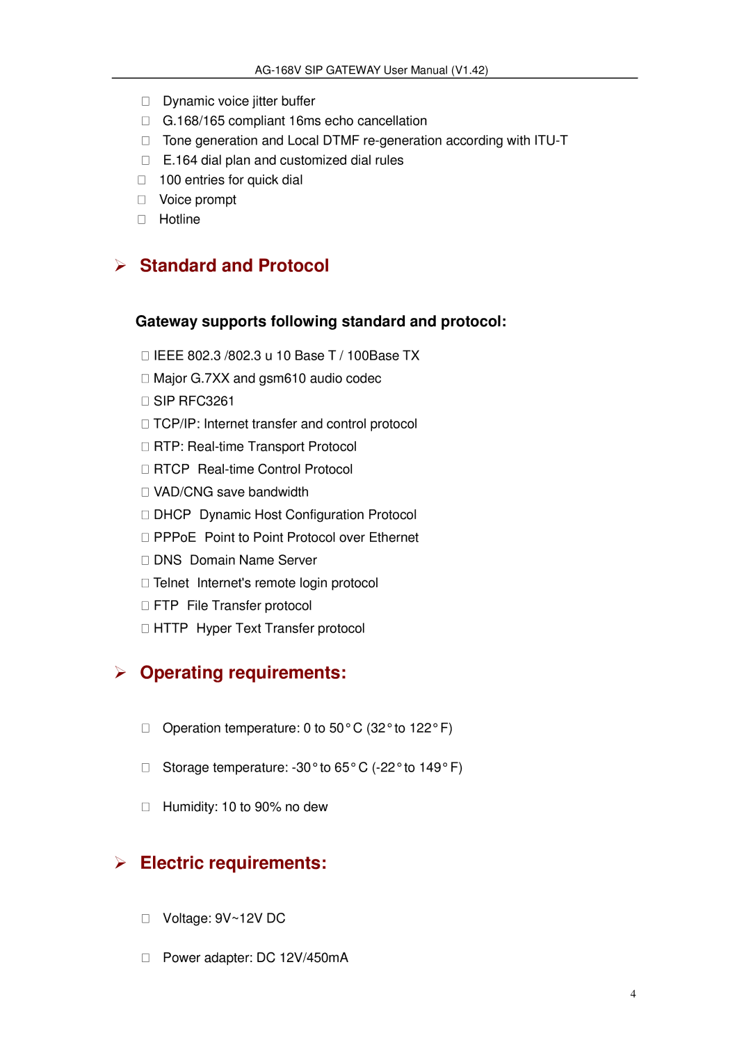 Gateway AG-168V user manual Standard and Protocol, Operating requirements, Electric requirements 