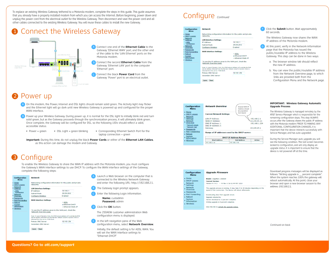 Gateway ATT110900764 manual Connect the Wireless Gateway, Power up Configure 