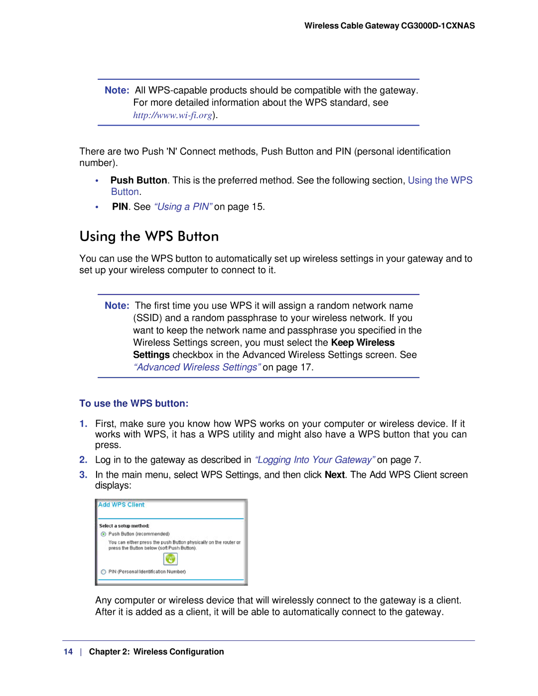 Gateway CG3000D-1CXNAS user manual Using the WPS Button, To use the WPS button 