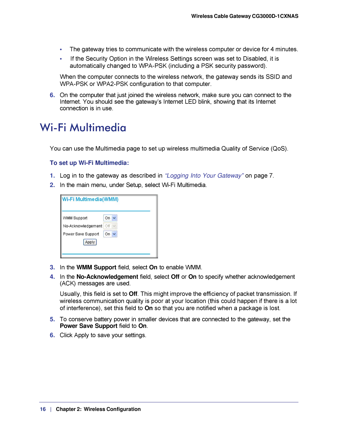 Gateway CG3000D-1CXNAS user manual To set up Wi-Fi Multimedia 