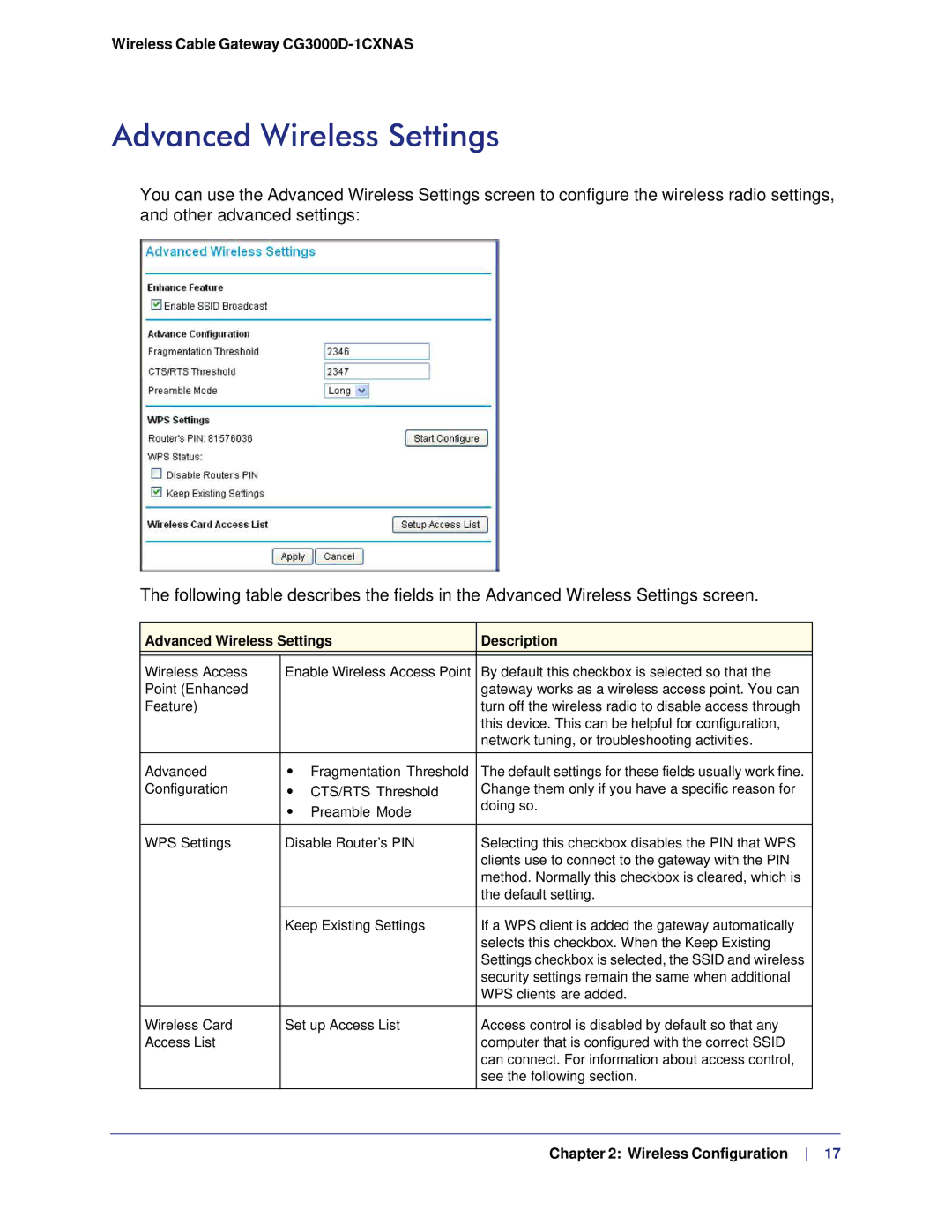 Gateway CG3000D-1CXNAS user manual Advanced Wireless Settings Description 