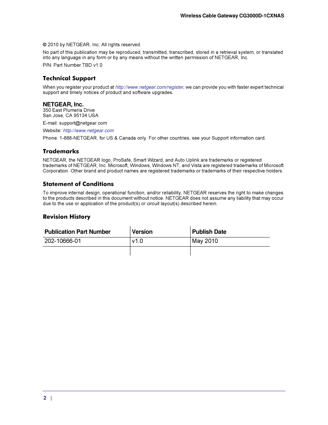 Gateway CG3000D-1CXNAS user manual Technical Support NETGEAR, Inc 