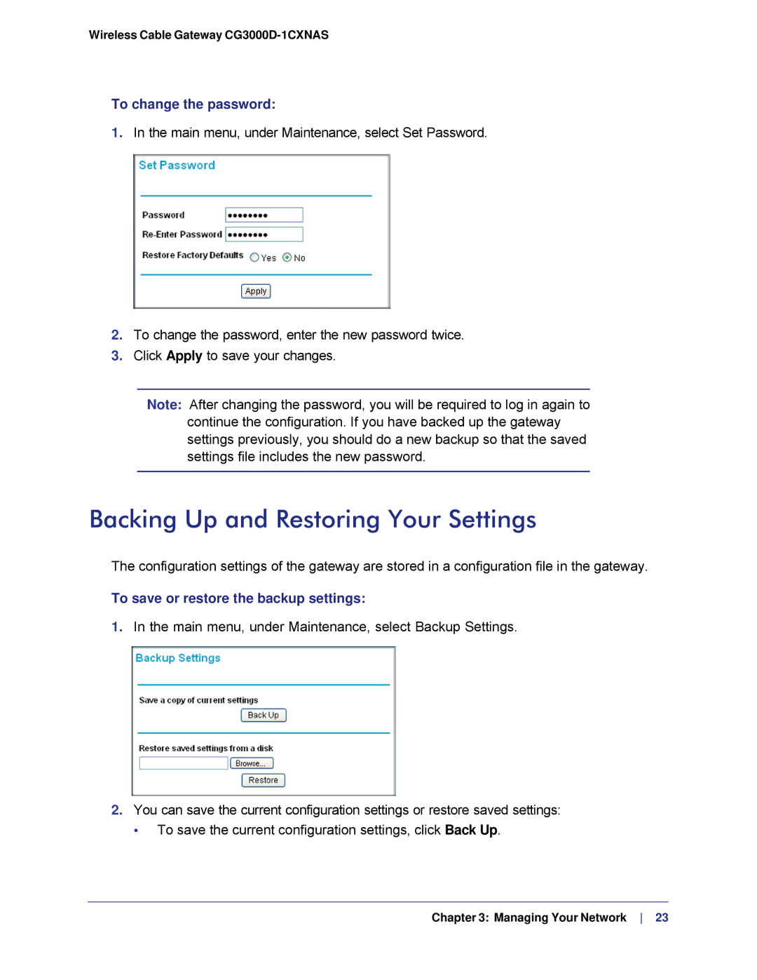 Gateway CG3000D-1CXNAS user manual Backing Up and Restoring Your Settings, To change the password 