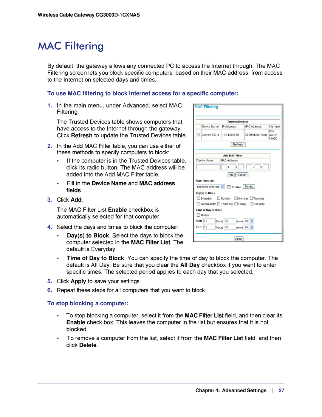 Gateway CG3000D-1CXNAS user manual MAC Filtering, To stop blocking a computer 